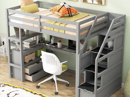 Loft Bed With Desk, Shelves, 2 Drawers, Storage Staircase