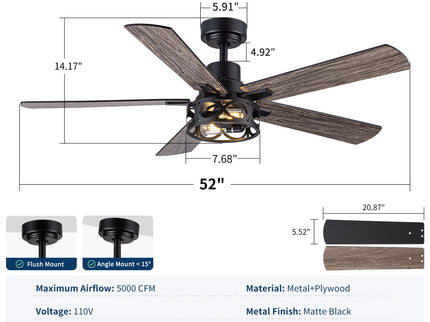 Ceiling Fan With Light, Dual‑Sided Matte Black & Wood Grain Blades - Black