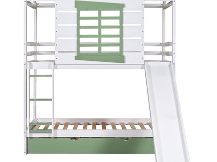 Twin Over Twin House Bunk Bed With Convertible Slide And Trundle - White