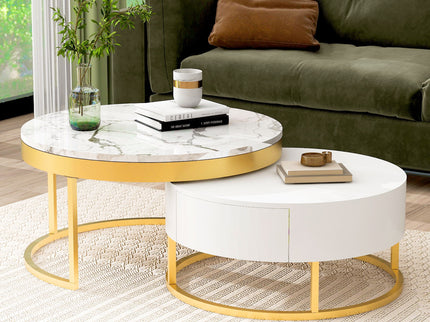 Round Nesting Coffee Table With Drawers - Golden / White