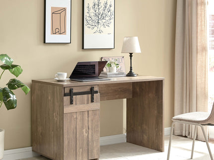 Home Office Desk Hazelnut One Cabinet Three Shelves Faux Barn Door On Metal Euro Hinges Modesty Panel - Light Brown