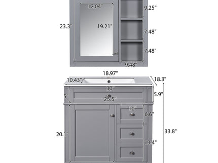 Bathroom Vanity With Top Sink, Freestanding Storage Cabinet With 2 Doors And 3 Drawers, Mirror Cabinet Included - Gray