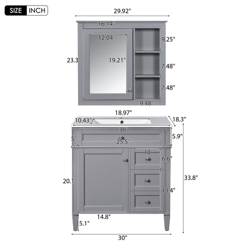 Bathroom Vanity With Top Sink, Freestanding Storage Cabinet With 2 Doors And 3 Drawers, Mirror Cabinet Included - Gray
