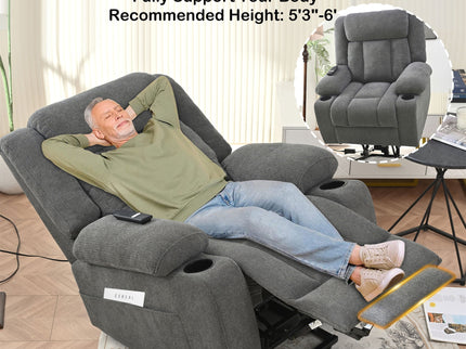 Power Lift Recliner Chair With Extended Footrest, Remote Control, Cup Holders, And Side Pockets