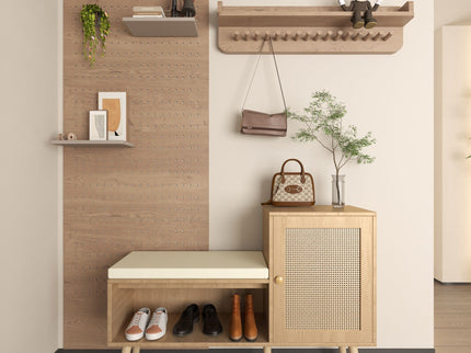 2 In 1 Shoe Storage Bench With Adjustable Shelves - Antique Natural / Rattan
