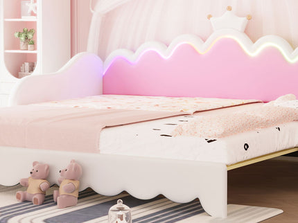 Extending Daybed With LED Lights, Modern Upholstered Princess Daybed With Crown Headboard