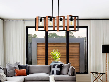 4 Light Kitchen Island Lights Pendant Light Farmhouse Dining Room Light Fixture, Rectangular Chandelier, 36" Hanging Lighting For Living Room, Conference Room, Home Office - Matte Black