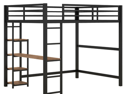Loft Bed With Built In Desk And Storage Shelves, Full Size - Black
