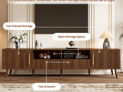 78" TV Stand For 85" TVs With Fluted Doors, Open Shelf, Cable Management - Walnut