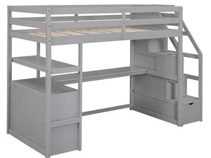 Loft Bed With Desk, Shelves, 2 Drawers, Storage Staircase