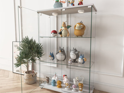 Modern Display Cabinet With LED Lights, Transparent Tempered Glass 2 Door Storage Case With 3 Shelves