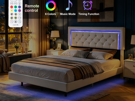 Platform Bed Frame With Adjustable Upholstered Headboard, RGB LED Lights, No Box Spring Needed