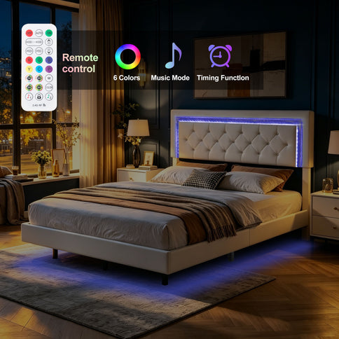 Platform Bed Frame With Adjustable Upholstered Headboard, RGB LED Lights, No Box Spring Needed
