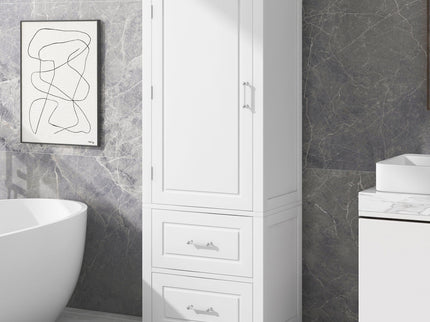 Tall Freestanding Bathroom Storage Cabinet With 2 Drawers And Adjustable Shelf