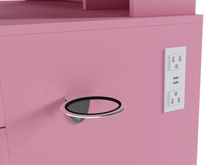 Vanity Desk With LED Mirror Lights And Power Outlet Charging Station, 3 Drawers, 7 Shelves, Storage Stool - Pink