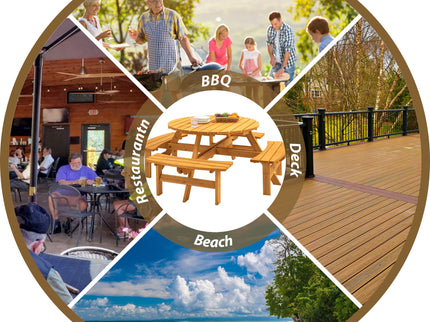 8 Person Wooden Picnic Table, Outdoor Camping Dining Table With Seat, Garden, Diy With 4 Built-In Benches, 2220Lb Capacity