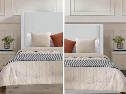 Shelton - Queen Upholstered Wingback Bed With 54" High Headboard - Ivory / Light Gray / Camel Oak