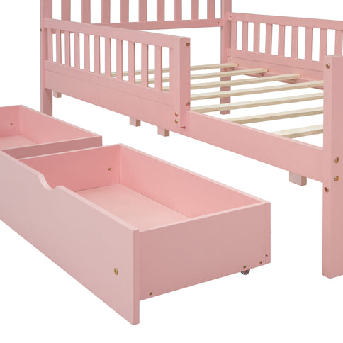 Platform Bed With Guardrails On Both Sides And 2 Storage Drawers