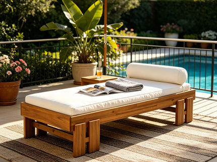 Daybed With Cushion & Pillow, Low Profile Design For Indoor / Outdoor Use - Cream / Teak