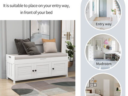 Storage Bench With 3 Shutter-Shaped Doors, Shoe Bench With Removable Cushion And Hidden Storage Space