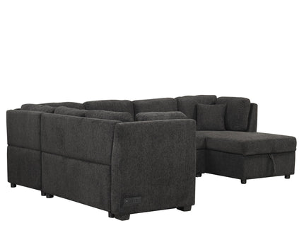 U-Shaped Sectional Sofa Pull Out Sofa Bed With Two USB Ports, Two Power Sockets, Three Back Pillows And A Storage Chaise For Living Room