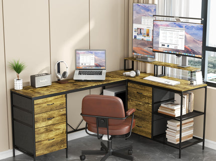 Industrial L Shaped Desk With Power Hub With 6 Drawers And Adjustable Monitor Stands - Brown