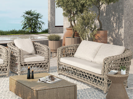 Everly - Frame Barrel Deep Seating Patio Loveseat Sofa Axroma Olefin - Oat Beige