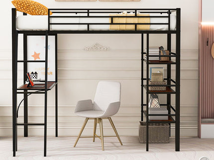 Loft Metal Bed With 3 Layers Of Shelves And Desk, Stylish Metal Frame Bed With board
