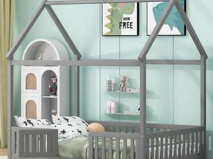 Wood House Bed With Fence And Door
