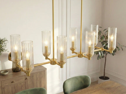 Willow - 8 Lights Island With Clear Ribbed Pendant Lamp Satin - Antique Brass / Clear / Gold