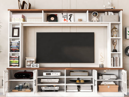 Wall Unit Entertainment Center With Bookshelves For TVs Up To 80", Tempered Glass Doors And Adjustable Shelves