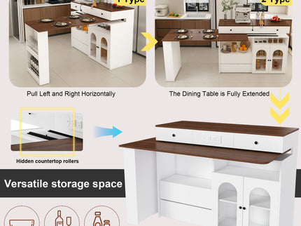Retro Kitchen Island Set With Chairs, Extendable & Rotating Table, 4 Drawers & Door Cabinets