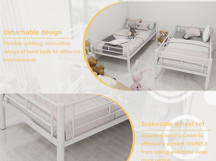 Metal Bunk Bed For Kids, Convertible Bedframe With Ladders & Guardrail