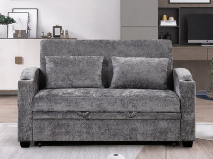 Pull Out Loveseat Sofa With Adjsutable Backrest, 2 Pillows, Cup Holders, USB Ports For Living Room