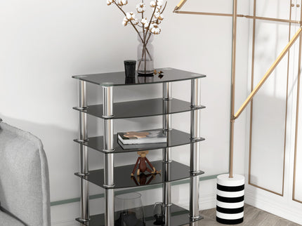 5 Tier Tempered Glass Side Table, Stainless Steel Frame End Table For Living Room, Bedroom - Black
