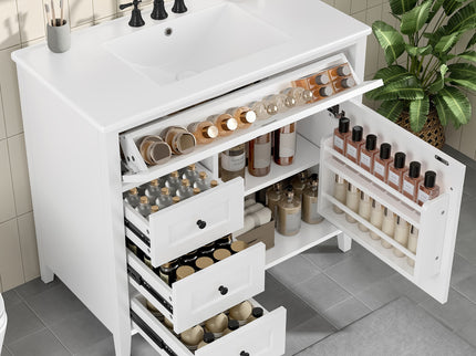 Bathroom Vanity With Sink, 3 Drawers & Cabinet With Adjustable Shelves