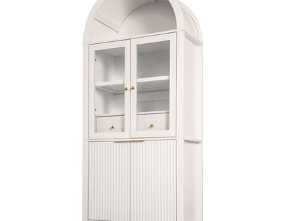 Fluted Tall Arched Pantry Cabinet With Adjustable Shelves, Glass Door & Hidden Drawer For Kitchen