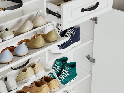 Shoe Cabinet With 4 Doors 1 Drawers, PVC Door With Shape, Large Space For Storage - White