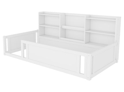 Platform Floor Bed With Guardrail Fence And Side Storage Shelves