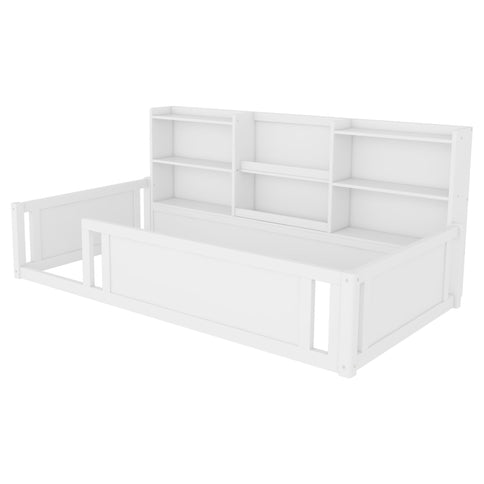 Platform Floor Bed With Guardrail Fence And Side Storage Shelves