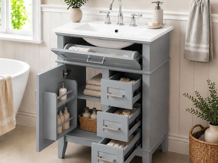 Modern Bathroom Vanity With Sink, Flip Drawer & 3 Drawers, Soft Close Hinges, Adjustable Shelf