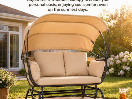 2 Person Egg Shaped Outdoor Swing Chair With Adjustable Canopy - Acacia Wood / Black / Taupe
