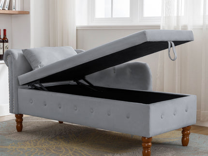 Chaise Lounge Indoor, Lounge Chair For Bedroom With Storage & Pillow, Modern Upholstered Rolled Arm Chase Lounge For Sleeping With Nailhead Trim For Living Room Bedroom Office