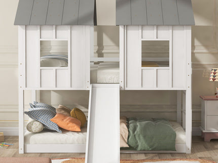 Twin Over Twin House Bunk Bed With Slide And Windows - White / Gray
