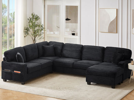 Upholstered U-Shaped Sectional Sofa With Movable Ottoman And Side Storage Pockets