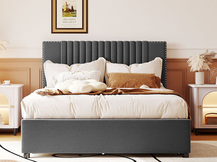 Upholstered Platform Bed With Drawers, Classic Headboard Design
