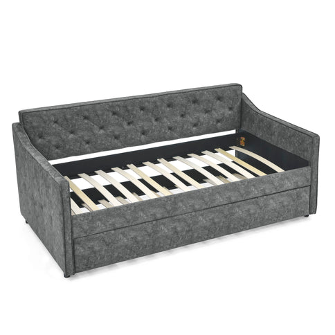 Twin Upholstered Daybed With Trundle, Waved Arms - Gray