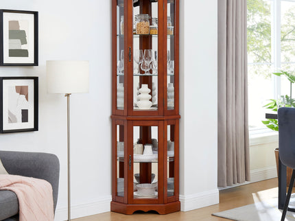 Corner Curio Cabinet With Lights, Adjustable Tempered Glass Shelves, Mirrored Back, Display Cabinet (E26 Light Bulb Not Included) - Walnut