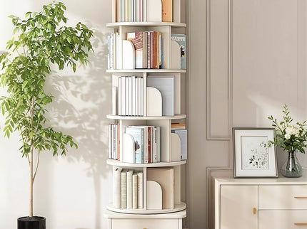 Rotating Bookshelf With Wheels And Drawer, 360° Spinning Design, Space Saving Storage