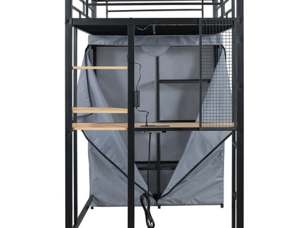 Loft Bed With Desk, Shelves, Power Outlet, LED Light And Wardrobe